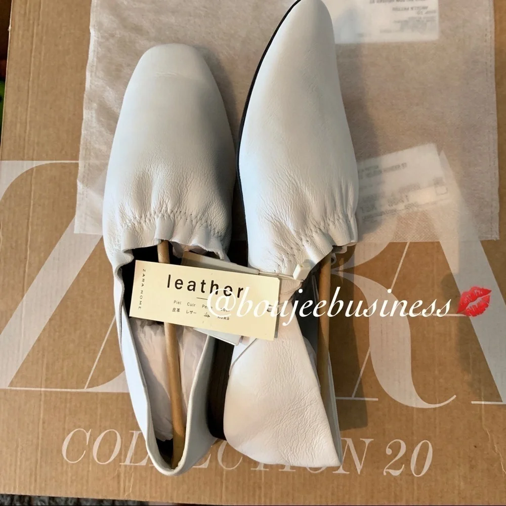 ZARA White Leather Babouches with Ruffle Trim